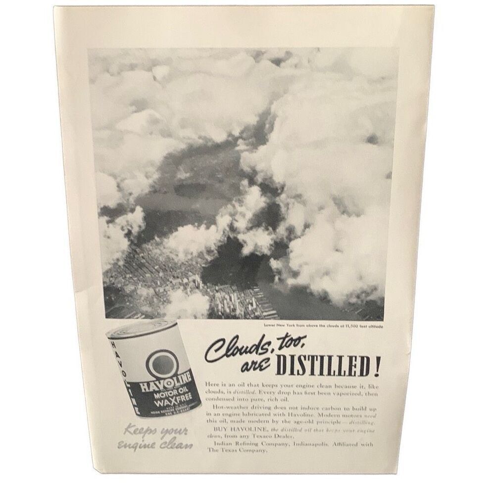 Vintage 1937 Havoline Oil Clouds Are Distilled Too Ad Advertisement